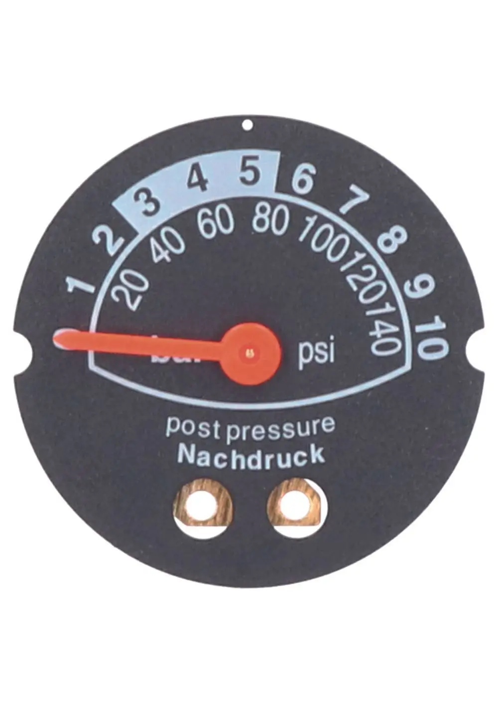 Manometer mit grauem Ziffernblatt, roten Zeiger und Anzeige für Druck in bar und psi. Unten beschriftet mit "post pressure" und "Nachdruck". Marke Judo gut sichtbar.